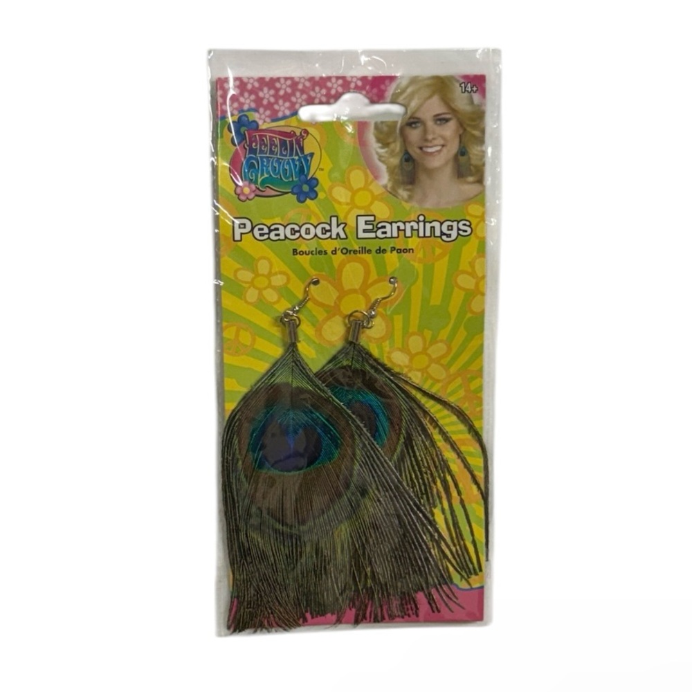 Rubie’s feelin’ groovy peacock earrings brand new in packaging never opened!